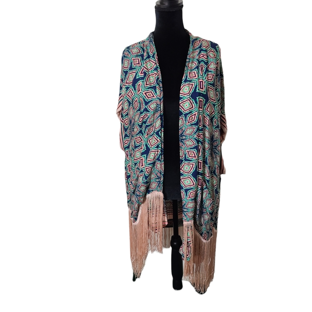 Democracy Women's Silky Boho Fringe Kimono Size 1X